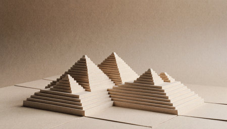 A detailed model showcases pyramids made from layered materials, arranged in a serene setting. The subtle natural light enhances the textures and forms of this artistic creation.の写真素材