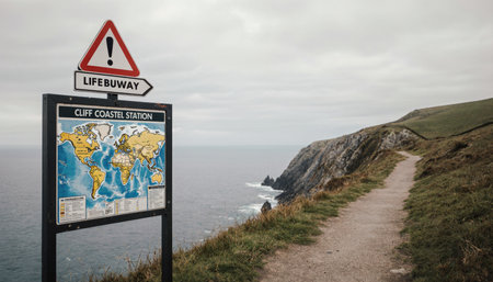 A winding path offers stunning views of the ocean as it follows the cliffs. A lifebuoy sign stands...