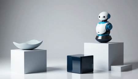 A sleek robot stands on a pedestal, showcasing its design against a backdrop of minimalistic shapes. Soft lighting highlights the unique curves, creating an artistic atmosphere filled with curiosity.の写真素材