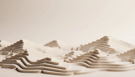 In a serene setting, undulating hills and valleys emerge from soft materials, creating a peaceful landscape. The gentle curves and subtle shades evoke a sense of calm and harmony.の写真素材