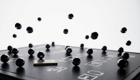 Small black spheres float gracefully above a minimalist black platform, creating an enchanting...