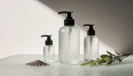 Three clear bottles stand elegantly on a soft surface, illuminated by soft light. A small pile of earthy material rests nearby, emphasizing a natural theme of purity and simplicity.の写真素材