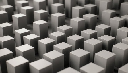 A collection of gray cubic forms fills the space, arranged in a neat grid. The light reflects off the surfaces, enhancing their geometric beauty in a modern artistic display.の写真素材