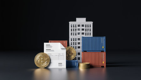 Miniature buildings and colorful containers are arranged creatively on a dark surface. Golden coins hint at cryptocurrency, suggesting a scene of modern commerce and trade.の写真素材