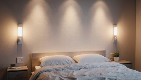 Soft bedding awaits in a calming bedroom. Gentle light fixtures illuminate the space, creating a peaceful retreat for relaxation and rest during the evening hours.の写真素材