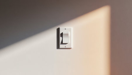 A simple light switch stands against a wall, highlighted by soft afternoon sunlight. Shadows play across the surface, creating a calm and tranquil atmosphere in the room.の写真素材