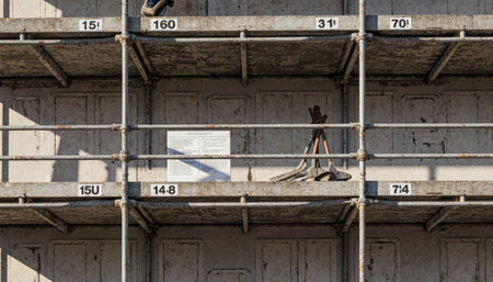 A bright afternoon showcases scaffolding at a construction site. Tools are neatly placed on the structure, highlighting the work environment and organized workspace for builders.の写真素材