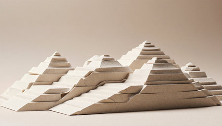 Cardboard forms shaped like mountains stand elegantly on a plain background, showcasing intricate layers and textures, evoking a sense of peaceful nature and artistic craftsmanship.の写真素材