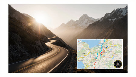 A stunning view captures a winding road nestled between towering mountains during sunset. The warm...
