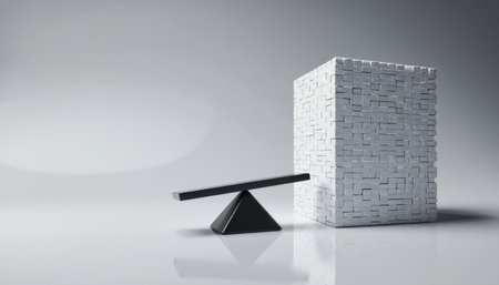A black seesaw mechanism is poised against a white stack of textured blocks. The smooth surface reflects clean lines and shapes, creating a serene and balanced composition.の写真素材