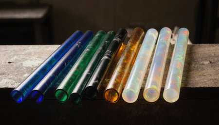 Brightly colored glass rods rest on a rustic wooden surface, capturing light and highlighting their unique textures.の写真素材