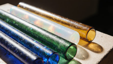 A collection of vibrant glass tubes lies on a light background. Sunlight filters through, creating colorful reflections. Each tube showcases unique textures and hues, emphasizing artistic design.の写真素材