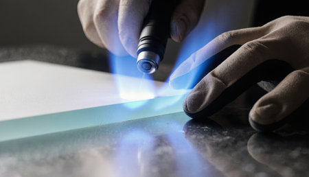 Hands skillfully use a torch to shape and manipulate a material on a sleek surface during the early evening. The blue flames create a focused and intense lighting in the workspace.の写真素材