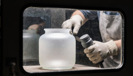 A skilled artisan is shaping a frosted glass vase in a workshop, using tools carefully while wearing protective gloves. The ambiance highlights craftsmanship and creativity.の写真素材