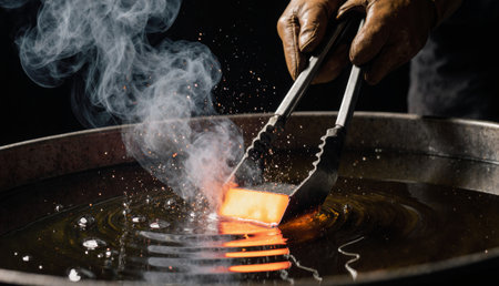 An artisan skillfully removes a glowing piece of metal from a container filled with molten liquid....