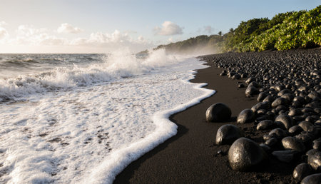 Gentle waves roll onto a unique black pebble beach as the sun sets behind distant clouds. Lush greenery hugs the shoreline, adding to the peace of this coastal scene.の写真素材