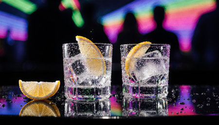 Two glasses filled with ice and sparkling drink sit on a bar, garnished with fresh lemon slices. The colorful lights of the club create a lively background, capturing the energy of the night.の写真素材