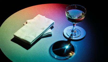 A delicate cocktail glass is placed on a sleek table, accompanied by neatly folded napkins. Soft, colorful lighting enhances the ambiance, creating a serene evening vibe.の写真素材