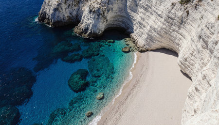 Gentle waves lap against the soft sand at a secluded beach, where dramatic white cliffs rise...