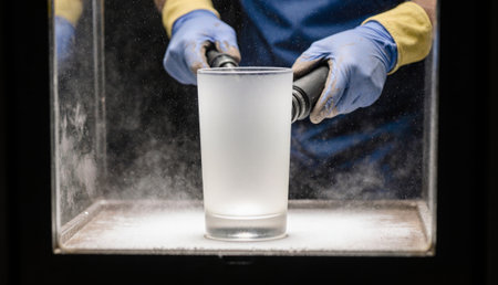 In a creative workshop, hands carefully apply a frosty finish to a clear glass using a special spraying technique. The atmosphere buzzes with artistic energy and precision.の写真素材
