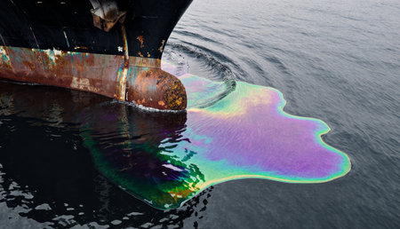 A vibrant oil slick spreads across the surface of water behind a ship. The colorful hues create a striking contrast against the dark hull. The calm environment adds a sense of serenity to the scene.の写真素材