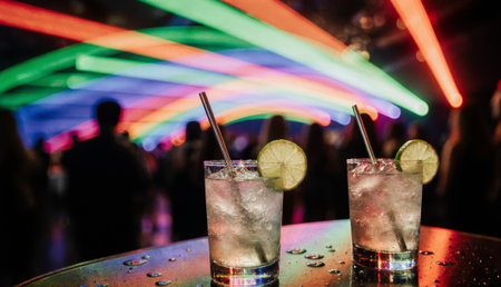Two glasses filled with sparkling cocktails sit on a table as dynamic colored lights illuminate the scene. The atmosphere is festive, with partygoers enjoying the energetic nightlife.の写真素材