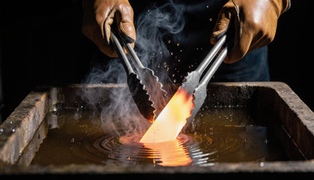 A skilled blacksmith holds hot metal with tongs, submerging it into water. Sparks fly as steam rises...