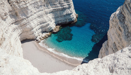 A tranquil beach cove glistens under the sun, embraced by high white cliffs. The clear turquoise...