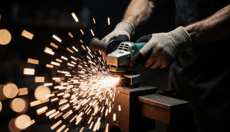Hands skillfully operate an angle grinder, creating bright sparks that illuminate the dim workshop....