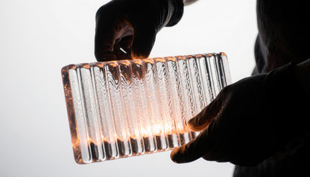 An artist holds a stunning translucent glass sculpture that reveals mesmerizing patterns. Light...