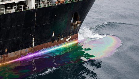 A large ship navigates the tranquil sea, creating a striking multicolored sheen from oil as the morning light reflects off the water. The scene captures nature's contrast with a man-made element.の写真素材