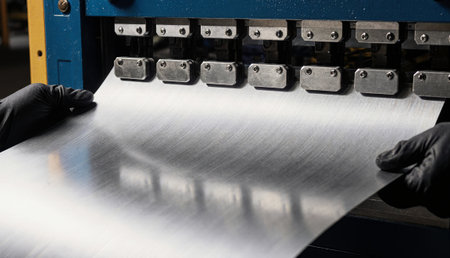 A worker in gloves carefully guides a shiny metal sheet through a bending machine in a factory. The scene captures the precision and craftsmanship involved in metalworking as sunlight filters in.の写真素材