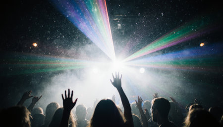 A crowd enjoys an energetic music event at night, with colorful laser lights illuminating the space. Excited attendees raise their hands, losing themselves in the rhythm and atmosphere.の写真素材