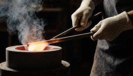 The skilled blacksmith expertly handles glowing molten metal with tongs, surrounded by smoke in a dimly lit workshop. Tools and equipment fill the background, adding to the atmosphere.の写真素材