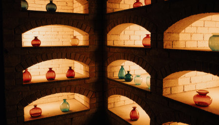 A warm nook in a craft studio showcases an arrangement of glass vases in various colors, softly lit by ambient lighting. The inviting scene emphasizes the beauty of handcrafted decor.の写真素材