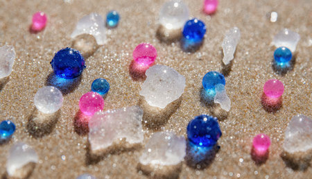 Colorful beads of various sizes and shapes lay on sunlit sandy beach, sparkling under bright sunlight. The vivid blues, pinks, and clear hues contrast beautifully with the soft sand.の写真素材