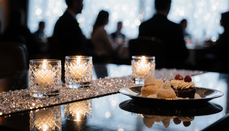 Plush chairs surround a glimmering table adorned with candles, as guests enjoy an exquisite meal. A plate holds delightful desserts, radiating a warm, inviting atmosphere.の写真素材