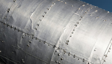 A large, shiny metallic surface showcases a pattern of rivets lining its body. The sunlight reflects off the smooth texture, highlighting the craftsmanship of the material in an outdoor setting.の写真素材