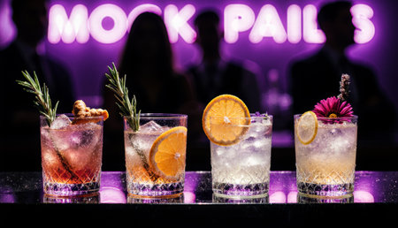 Four beautifully crafted mocktails sit on a shiny bar counter, each adorned with fresh fruits and...
