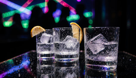 Three glasses filled with sparkling water and ice sit on a table reflecting colorful lights. Friends...