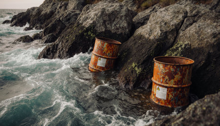 Two rusty barrels sit on jagged rocks as ocean waves crash around them. The sun sets in the distance, painting the sky in warm colors, creating a serene yet haunting atmosphere.の写真素材