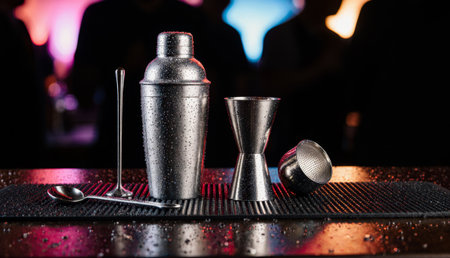 At a lively bar, a mixologist prepares cocktails using shiny tools. The vibrant lights create a festive atmosphere, enhancing the excitement of the night as glasses await their delicious contents.の写真素材