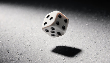 A white die hovers above a dark surface, casting a shadow below. Light highlights its sides, while tiny particles reflect around it, suggesting a scene full of excitement and potential.の写真素材