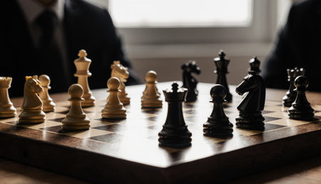 Two sharply-dressed players engage in a competitive chess match. The atmosphere is serious as each carefully considers their next move amidst the strategic battlefield of black and white pieces.の写真素材