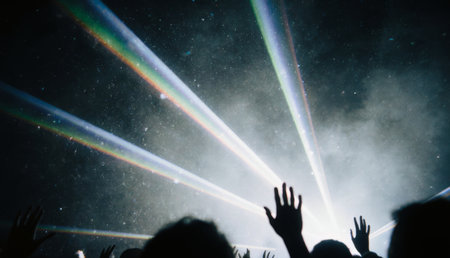 In a lively night scene, hands reach towards colorful beams of light cutting through the dark sky. Festival-goers bask in the electric atmosphere, enjoying the energy of the music and lights.の写真素材