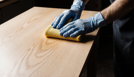 Hands gently wipe down a wooden table with a yellow sponge, wearing blue gloves. Sunlight filters in, highlighting the rich grain and creating a warm atmosphere in the room.の写真素材