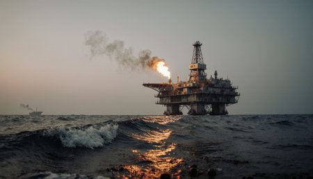 Bright flames erupt from the oil rig as the sun sets over the horizon, creating a stunning yet...