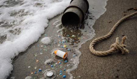 Trash and debris wash ashore, revealing the impact of pollution on marine life. Waves crash gently as a pipe discharges waste, showcasing urgent need for environmental awareness.の写真素材