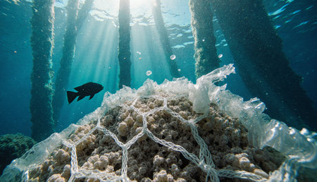 Underneath the shimmering waves, soft rays of sunlight penetrate the water, illuminating a coral structure entangled in plastic.の写真素材