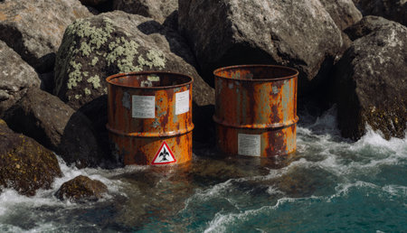 Two weathered barrels sit partially submerged among rocky formations. The azure waves gently lap against them, contrasting the rusty metal with the vibrant sea.の写真素材